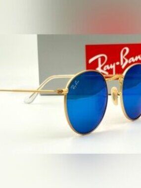 Ray-Ban RB3447 Round Classic Sunglasses Gold Frame Blue Flash Mirror Unisex 357